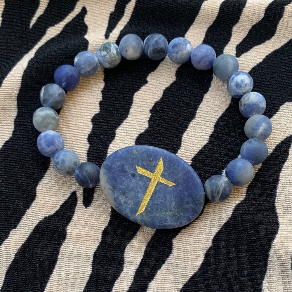 Matte Sodalite Blue Beaded Stretch Bracelet with Gold Cross